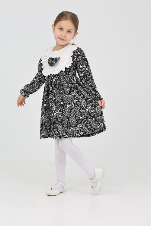 Kız Çocuk Bürümcük Kumaş Yaka ve Fiyonk Detaylı Elbise 12188