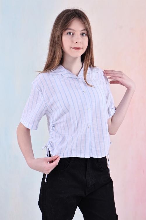 Kız Çocuk Büzgü Detaylı-Çizgi Desenli Crop Gömlek 6-14 Yaş 12251