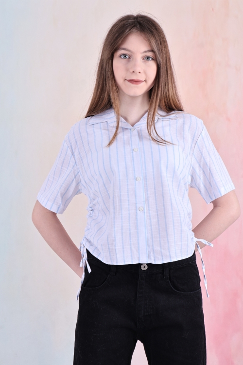 Kız Çocuk Büzgü Detaylı-Çizgi Desenli Crop Gömlek 6-14 Yaş 12251