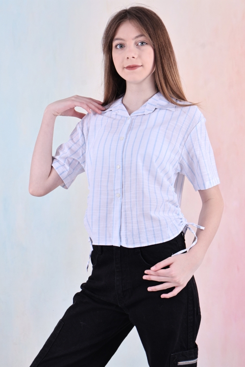 Kız Çocuk Büzgü Detaylı-Çizgi Desenli Crop Gömlek 6-14 Yaş 12251