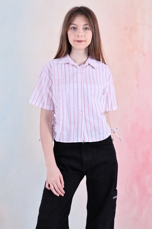 Kız Çocuk Büzgü Detaylı-Çizgi Desenli Crop Gömlek 6-14 Yaş 12251