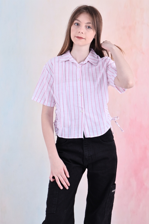 Kız Çocuk Büzgü Detaylı-Çizgi Desenli Crop Gömlek 6-14 Yaş 12251