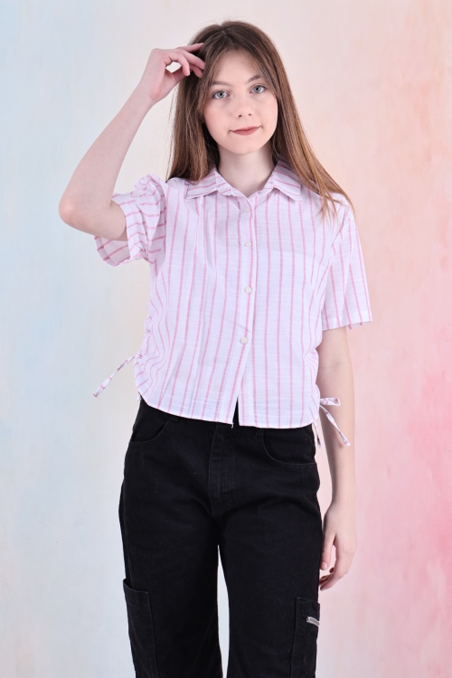 Kız Çocuk Büzgü Detaylı-Çizgi Desenli Crop Gömlek 6-14 Yaş 12251