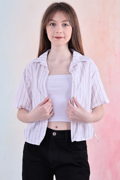 Kız Çocuk Büzgü Detaylı-Çizgi Desenli Crop Gömlek 6-14 Yaş 12251