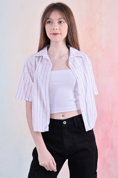 Kız Çocuk Büzgü Detaylı-Çizgi Desenli Crop Gömlek 6-14 Yaş 12251