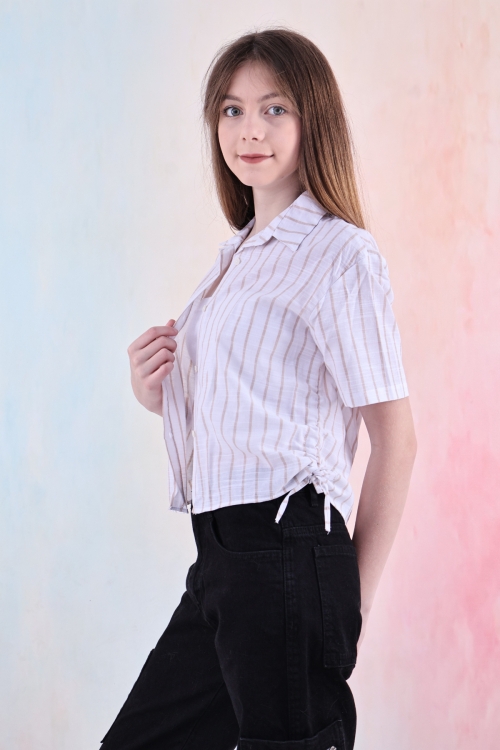 Kız Çocuk Büzgü Detaylı-Çizgi Desenli Crop Gömlek 6-14 Yaş 12251