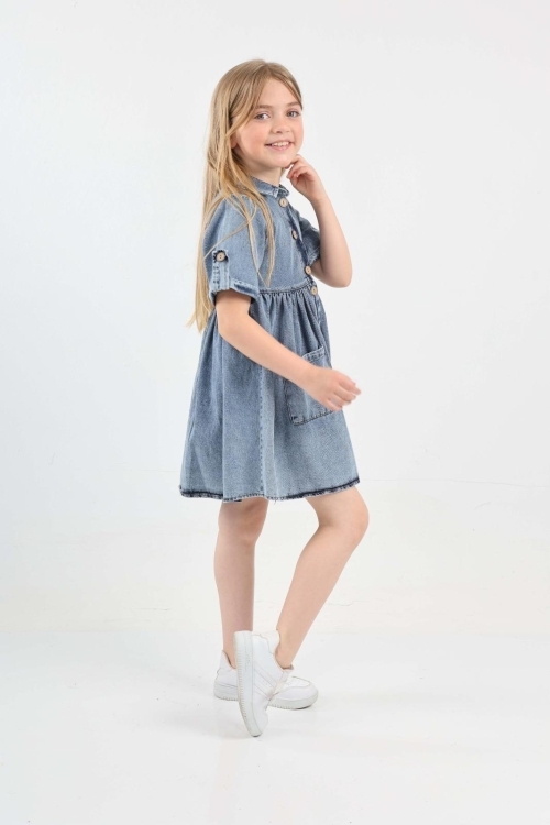 Kız Çocuk Çift Cepli/Düğme Kapamalı Jean Elbise 12199