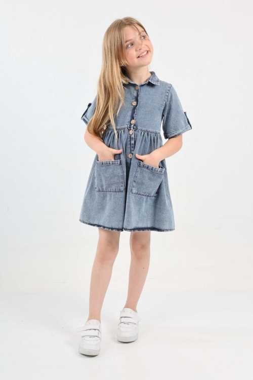 Kız Çocuk Çift Cepli/Düğme Kapamalı Jean Elbise 12199