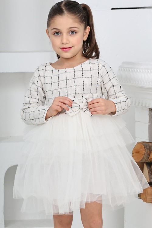 Kız Çocuk Çift Kat Tüllü ve Fiyonklu Elbise 12172