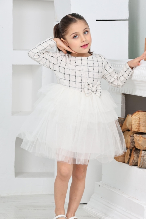 Kız Çocuk Çift Kat Tüllü ve Fiyonklu Elbise 12172
