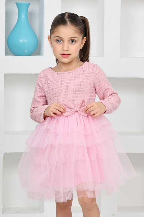 Kız Çocuk Çift Kat Tüllü ve Fiyonklu Elbise 12172