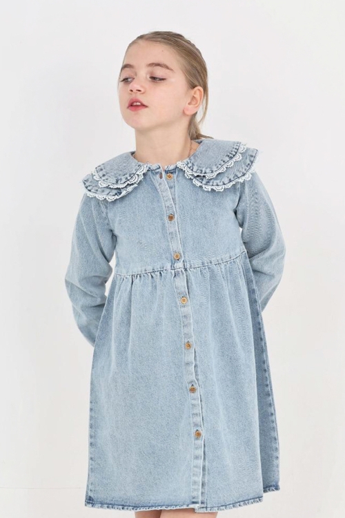 Kız Çocuk Çift Yaka Detaylı ve Boydan Düğmeli Jean Elbise 12341