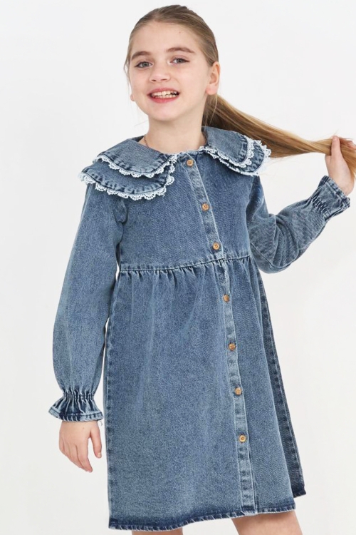 Kız Çocuk Çift Yaka Detaylı ve Boydan Düğmeli Jean Elbise 12341