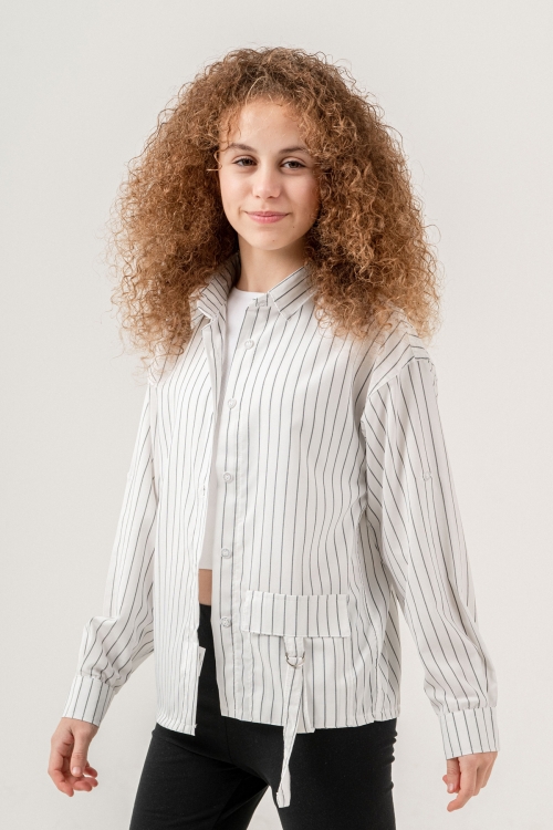 Kız Çocuk Çizgi Desenli Cep Kemer Detaylı Terikoton Gömlek 269-3