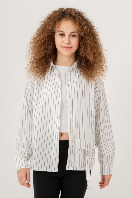 Kız Çocuk Çizgi Desenli Cep Kemer Detaylı Terikoton Gömlek 269-3