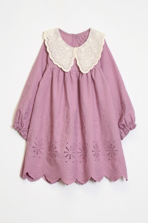 Kız Çocuk Dantel Yakalı Dokuma Elbise 3-7 Yaş 12247