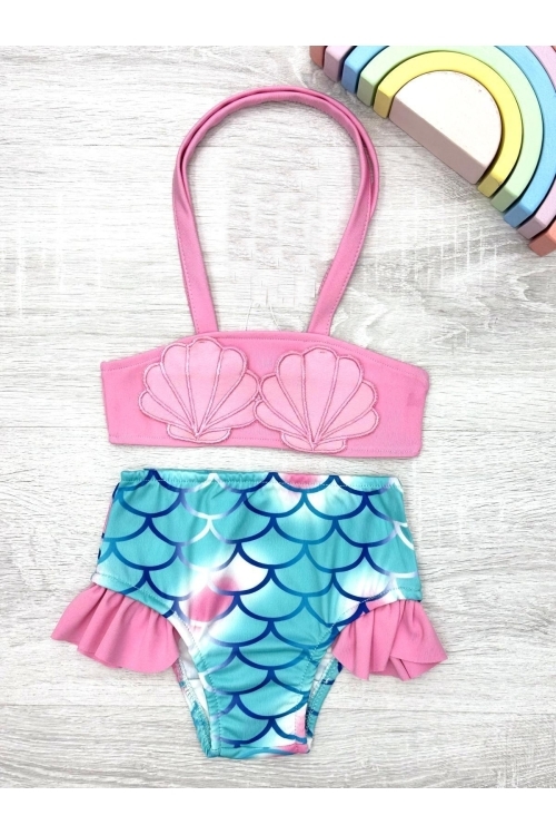 Kız Çocuk Deniz Kabuğu Nakışlı ve Fırfırlı Mayo Takımı  2-8 Yaş 12212