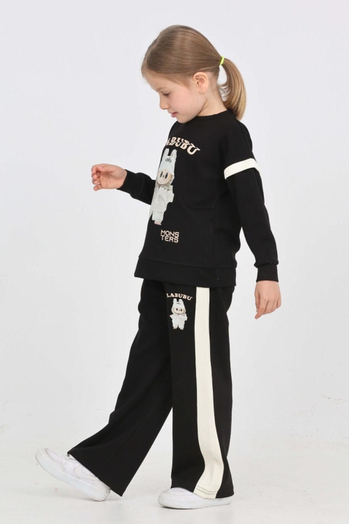 Kız Çocuk Double Face Kumaş Karakter Baskılı Geniş Paçalı Alt-Üst Takım 12299