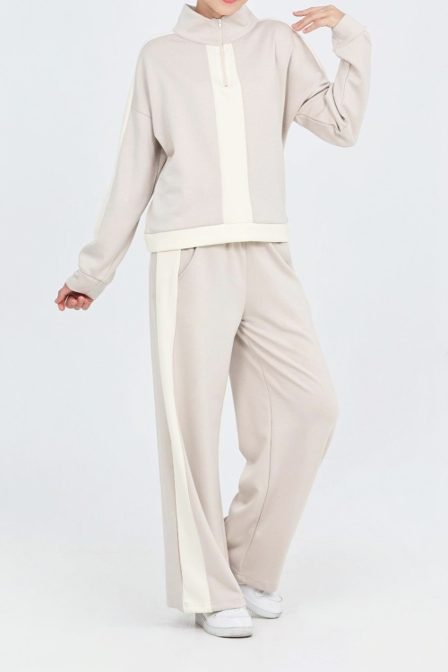 Kız Çocuk Double Face Kumaş Yarım Fermuarlı Ve Şerit Garni Detaylı Alt-Üst Takım 12300