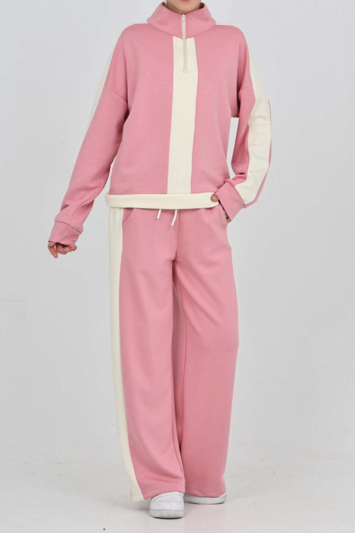 Kız Çocuk Double Face Kumaş Yarım Fermuarlı Ve Şerit Garni Detaylı Alt-Üst Takım 12300