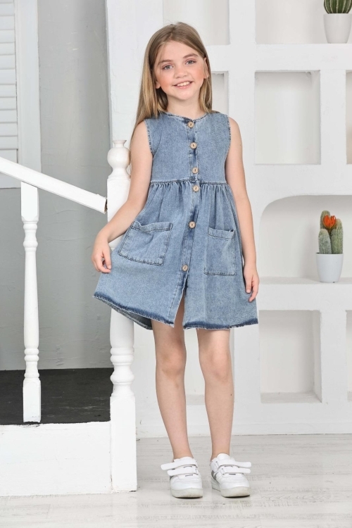 Kız Çocuk Düğme Kapamalı Jean Elbise 12198