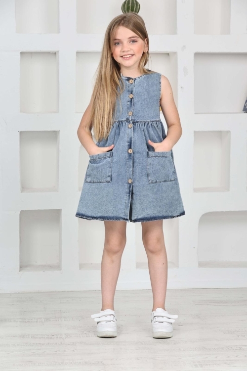Kız Çocuk Düğme Kapamalı Jean Elbise 12198