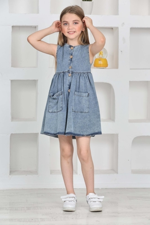 Kız Çocuk Düğme Kapamalı Jean Elbise 12198
