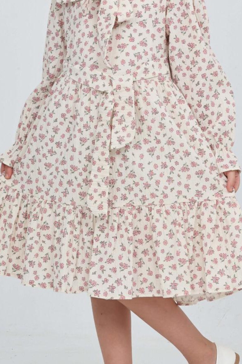 Kız Çocuk Fiyonk Yakalı Bel Kuşaklı Çiçek Desenli Kloş Etekli Elbise 12301