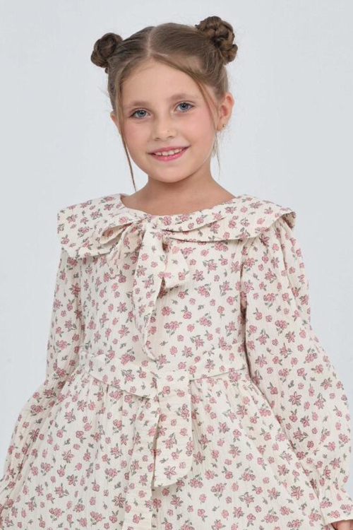 Kız Çocuk Fiyonk Yakalı Bel Kuşaklı Çiçek Desenli Kloş Etekli Elbise 12301