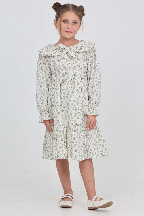 Kız Çocuk Fiyonk Yakalı Bel Kuşaklı Çiçek Desenli Kloş Etekli Elbise 12301