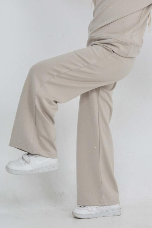 Kız Çocuk Geniş Paçalı Taş Süslemeli Double Face Kumaş  Alt-Üst Takım 12305