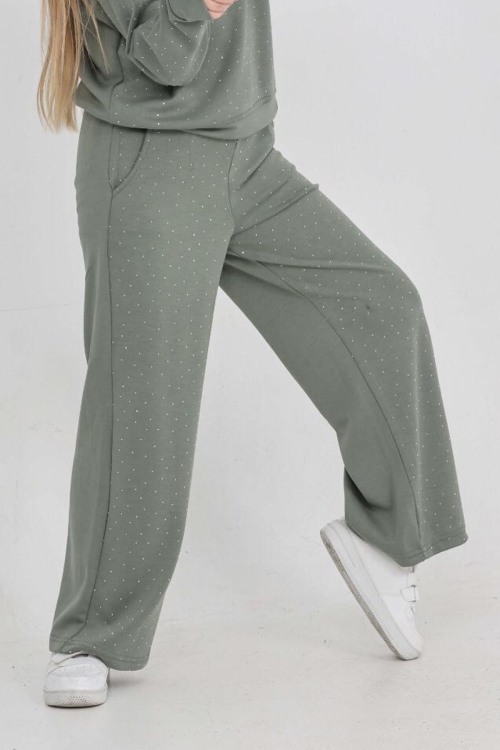 Kız Çocuk Geniş Paçalı Taş Süslemeli Double Face Kumaş  Alt-Üst Takım 12305