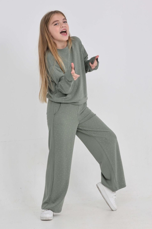 Kız Çocuk Geniş Paçalı Taş Süslemeli Double Face Kumaş  Alt-Üst Takım 12305