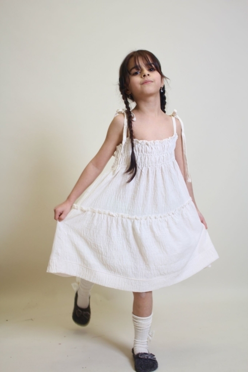 Kız Çocuk Göğüs Büzgülü Askılı Kollu Keten Elbise 12250