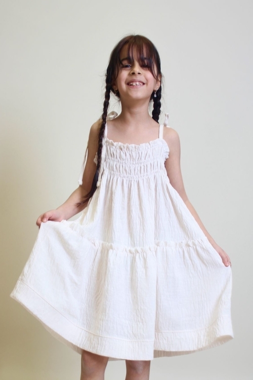 Kız Çocuk Göğüs Büzgülü Askılı Kollu Keten Elbise 12250