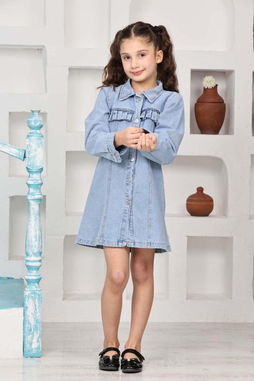Kız Çocuk Gömlek Yakalı Jean Elbise 12171