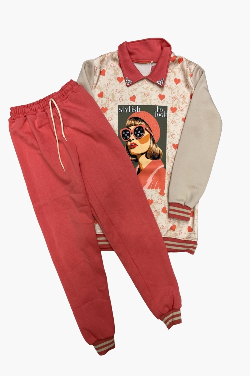Kız Çocuk Görsel Baskılı Yaka Taşlı 3 İplik Alt Üst Takım 12321