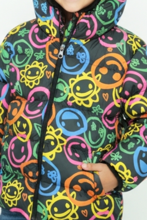 Kız Çocuk İçi Polar Astarlı-Kapüşonlu-Desenli-Fermuarlı Mont 12358