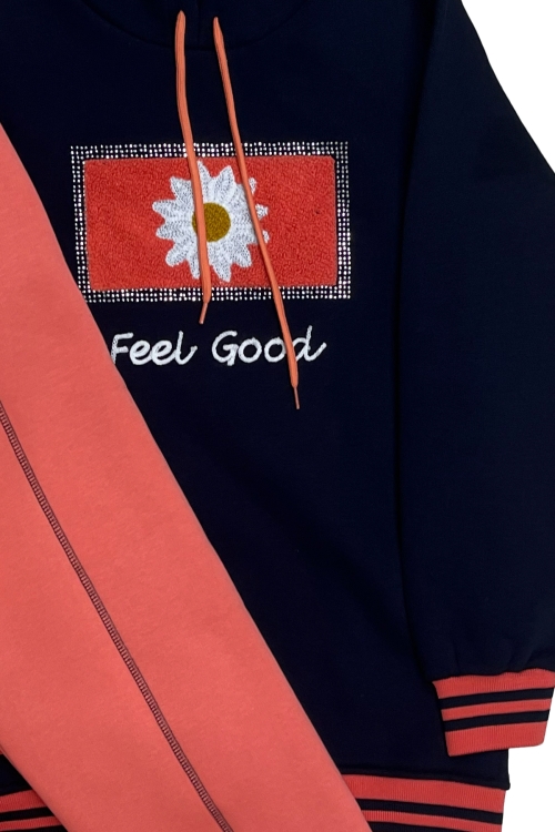 Kız Çocuk Kapüşonlu Papatya Nakışlı Taş Süslemeli 3 İplik Alt- Üst Takım 12323