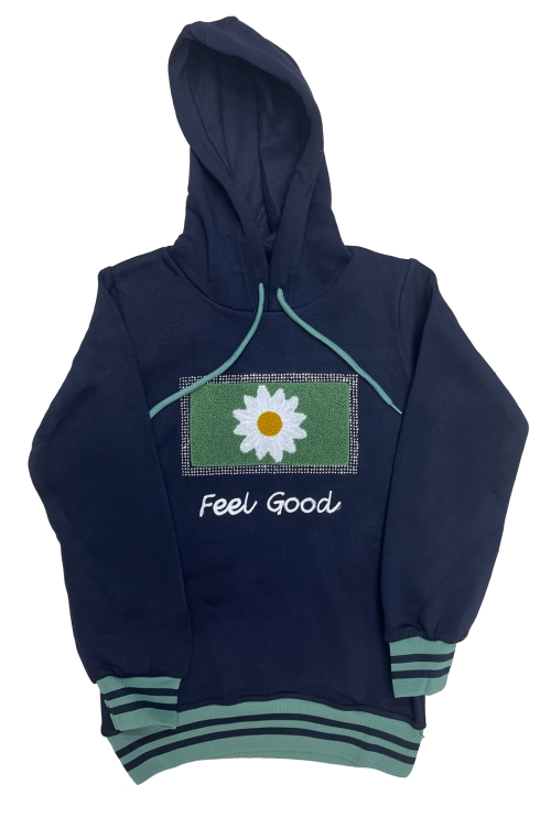 Kız Çocuk Kapüşonlu Papatya Nakışlı Taş Süslemeli 3 İplik Alt- Üst Takım 12323