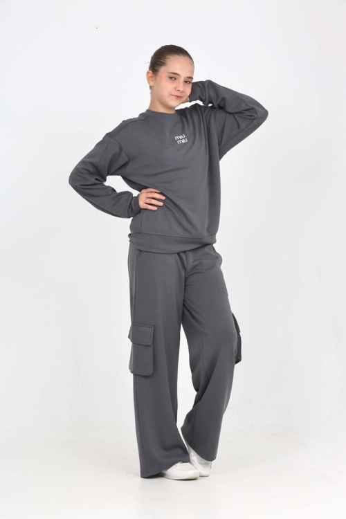 Kız Çocuk Double Face Kumaş Kargo Cepli ve Geniş Paçalı Alt-Üst Takım 12294