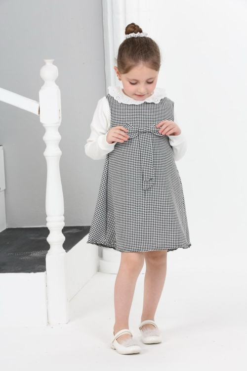 Kız Çocuk Kazayağı Desenli Şanel Kumaş 2li Elbise (Elbise+Bady Bluz)12176