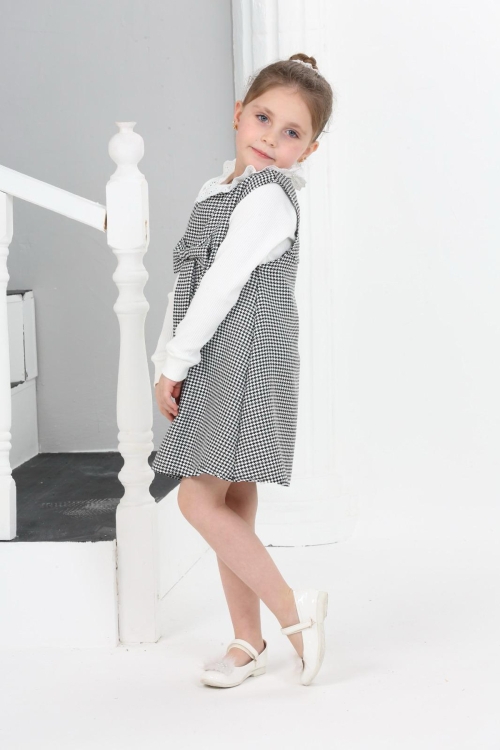 Kız Çocuk Kazayağı Desenli Şanel Kumaş 2li Elbise (Elbise+Bady Bluz)12176