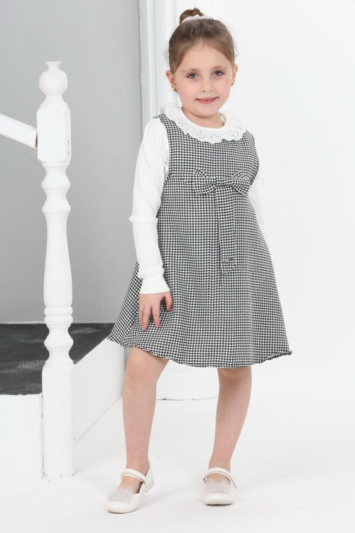 Kız Çocuk Kazayağı Desenli Şanel Kumaş 2li Elbise (Elbise+Bady Bluz)12176