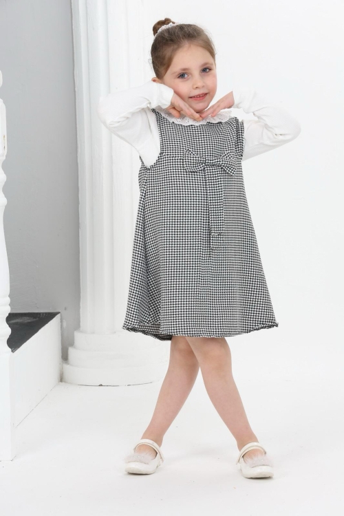 Kız Çocuk Kazayağı Desenli Şanel Kumaş 2li Elbise (Elbise+Bady Bluz)12176