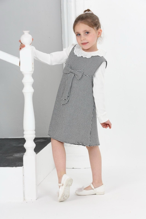 Kız Çocuk Kazayağı Desenli Şanel Kumaş 2li Elbise (Elbise+Bady Bluz)12176