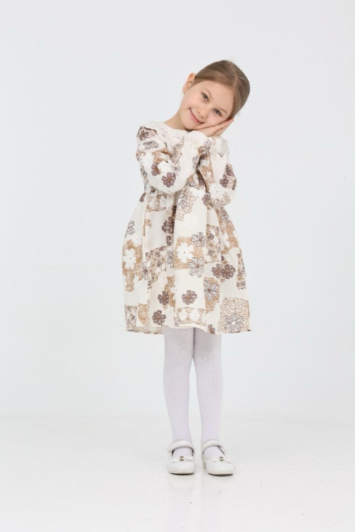 Kız Çocuk Keten Kumaş Dantel Yakalı Elbise 12191