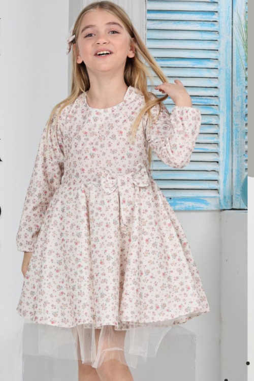Kız Çocuk Kloş Elbise Çiçek Desenli Ve Etek Ucu Tüllü 12178