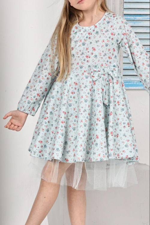 Kız Çocuk Kloş Elbise Çiçek Desenli Ve Etek Ucu Tüllü 12178