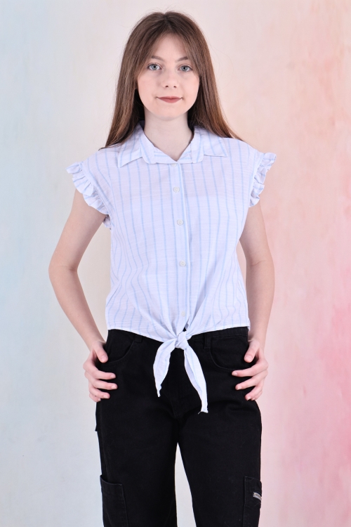 Kız Çocuk Kolları Fırfırlı ve Bel Bağlama Detaylı Crop Gömlek 6-14 Yaş 12252
